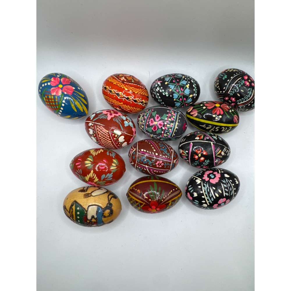 Vintage Hand Painted Wooden Easter Eggs Set of 13 Multicolor Folk Art Decor